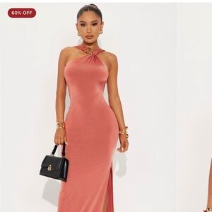 One-Shoulder Rose Midi Dress with Ring Detail